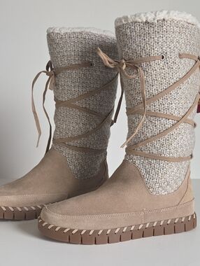 Women Tan Sand Suede Knit Tall Boots Memory Foam Water Repellent Cabin Moccasin
